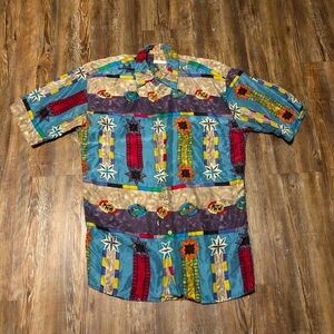 Vintage Burma Bibas Shirt Men's Small Silk Hawaiian Tribal Button Up Camp 90s